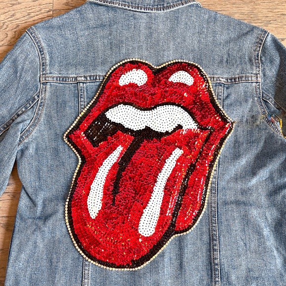 Red Sequin Rock and Roll Rolling Stones Tongue with Rhinestones Jean Jacket - Picture 2 of 5